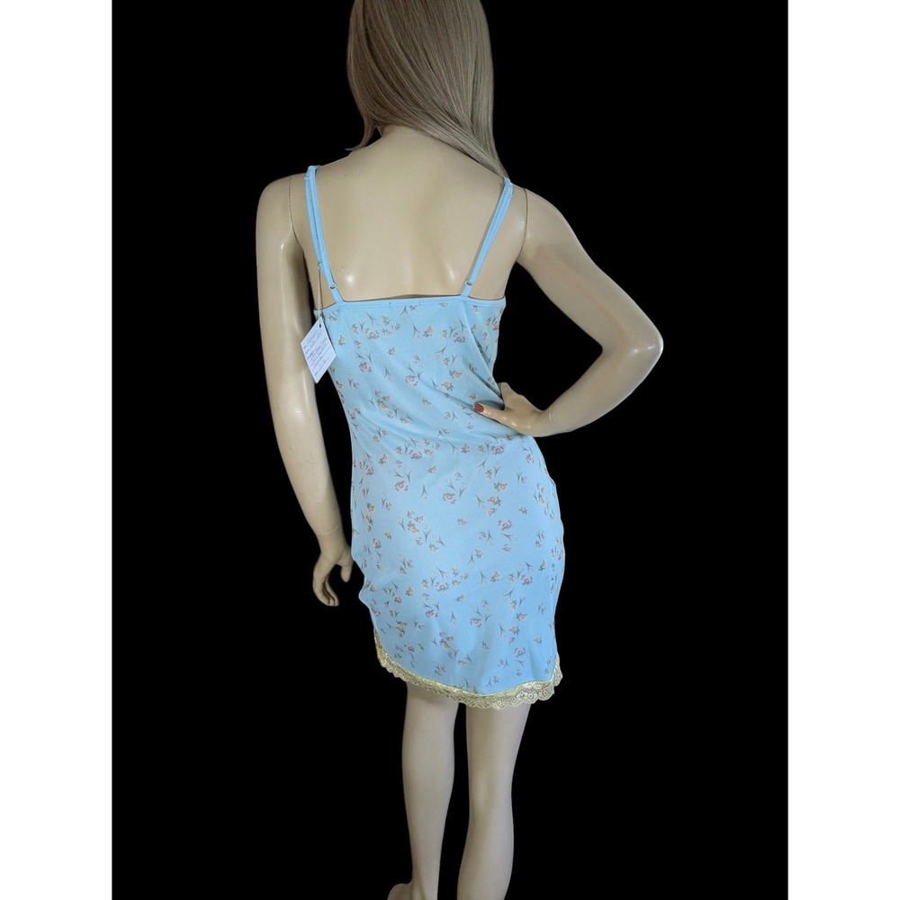 Pale Blue Floral Mini Slip Dress, Rose Print Mesh Overlay, Medium - Picture 4 of 8